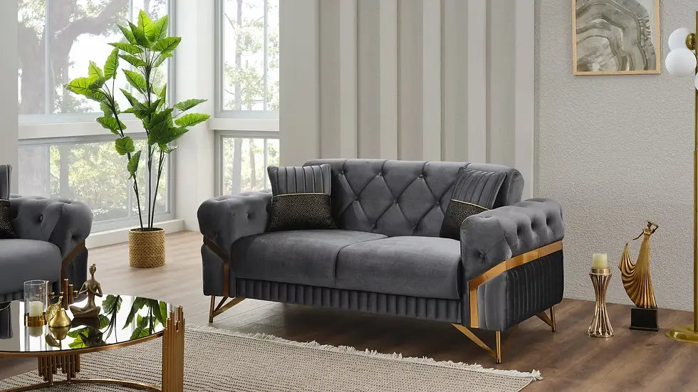 Ensemble de Sofa 3 Pièces Transformable en Lit Marbella Deluxe en Velours Beige et Gris Foncé