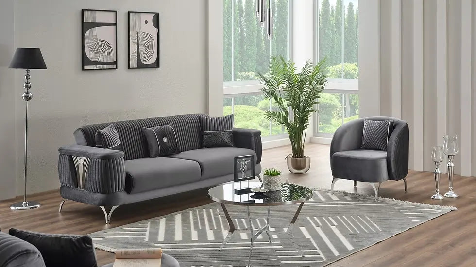 Ensemble de Sofa 3 Pièces Transformable en Lit Loft Deluxe en Velours Gris Foncé