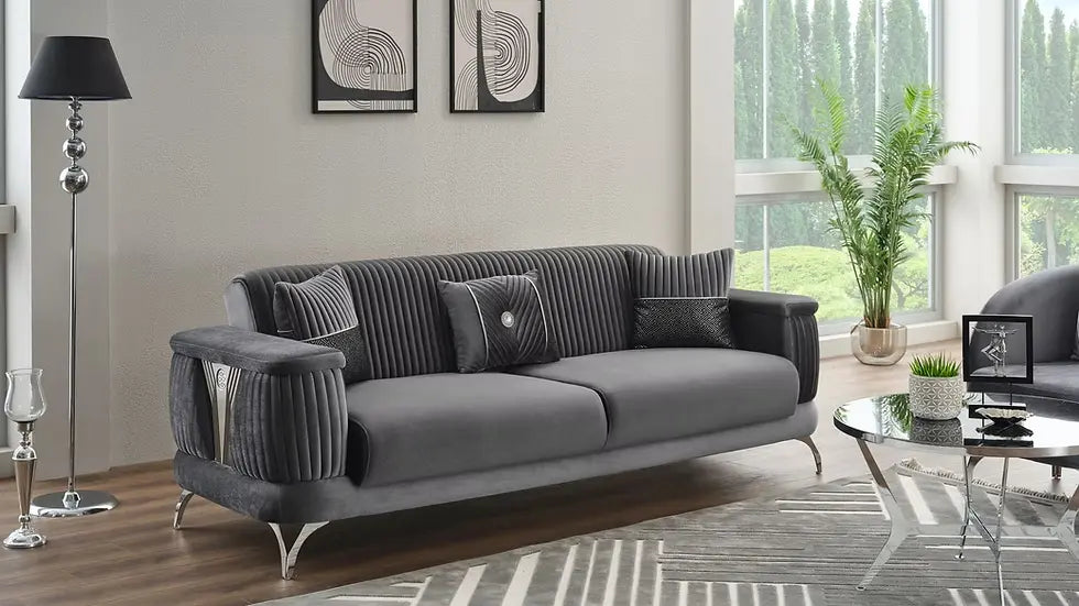 Sofa Lit Transformable Clic-Clac Loft Deluxe en Velours Beige et Gris Foncé