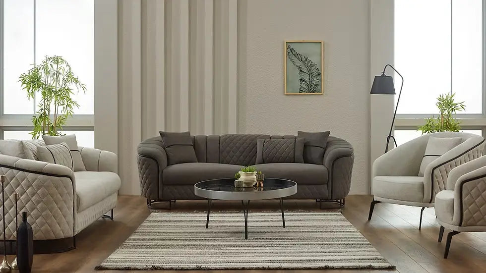 Ensemble de Sofa 3 Pièces Victoria en Tissu Gris et Noir avec Pieds en Acier