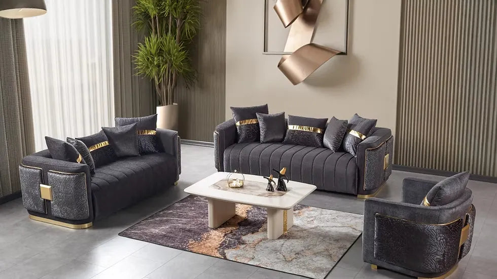 Ensemble Sofa Classique 3 Pièces Avanos Luxe en Tissu Beige