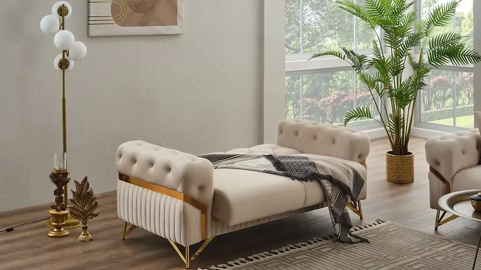 Ensemble de Sofa 3 Pièces Transformable en Lit Marbella Deluxe en Velours Beige et Gris Foncé