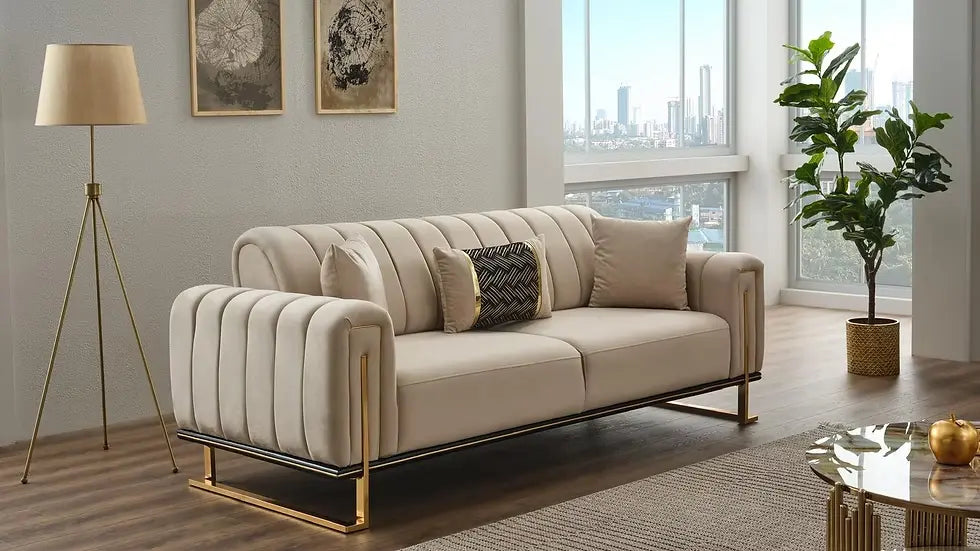 Ensemble de Sofa 3 Pièces Mondo à Lignes Verticales en Velours avec Pieds en Métal