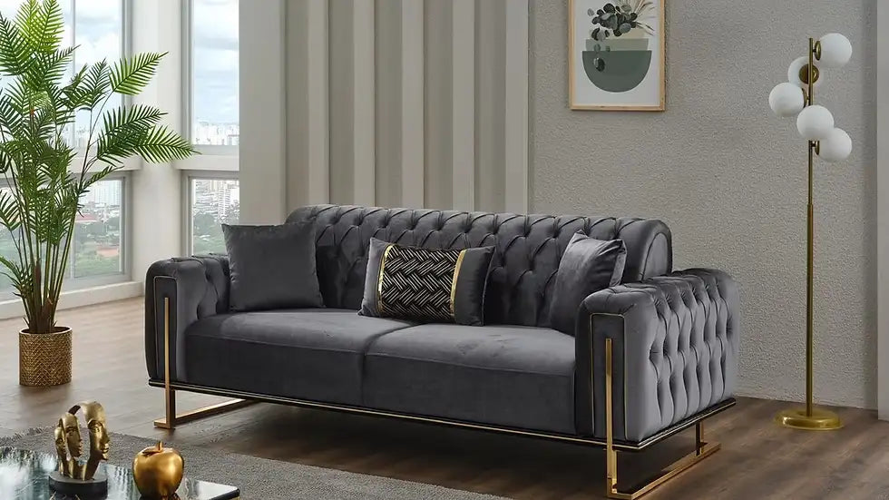 Sofa Confortable 3 Places Mondo Capitonné en Velours avec Pieds en Métal