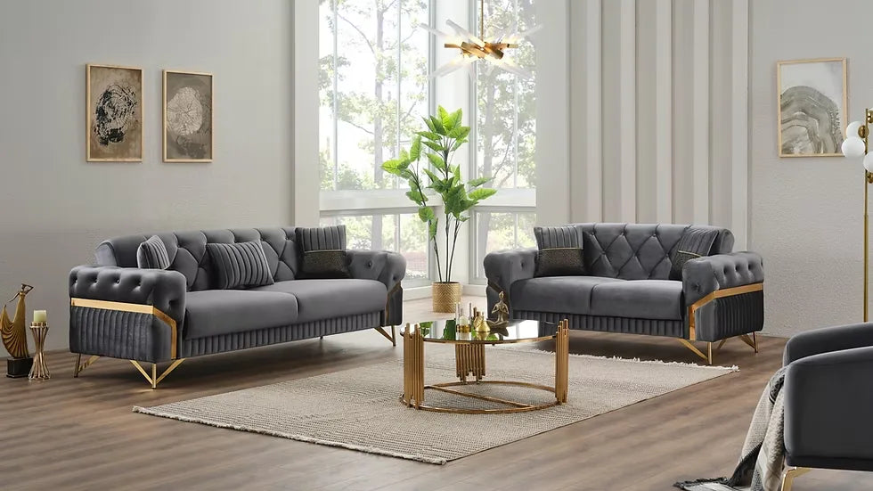 Ensemble de Sofa 3 Pièces Transformable en Lit Marbella Deluxe en Velours Beige et Gris Foncé