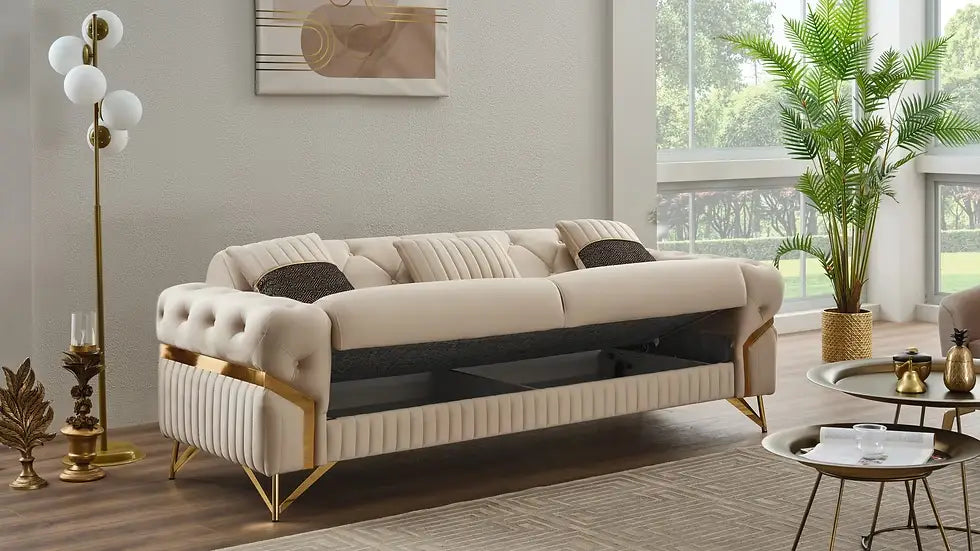 Ensemble de Sofa 3 Pièces Transformable en Lit Marbella Deluxe en Velours Beige et Gris Foncé