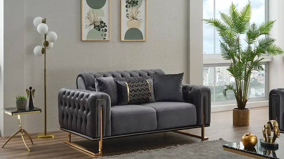 Ensemble de Sofa 3 Pièces Mondo Capitonné en Velours avec Pieds en Métal