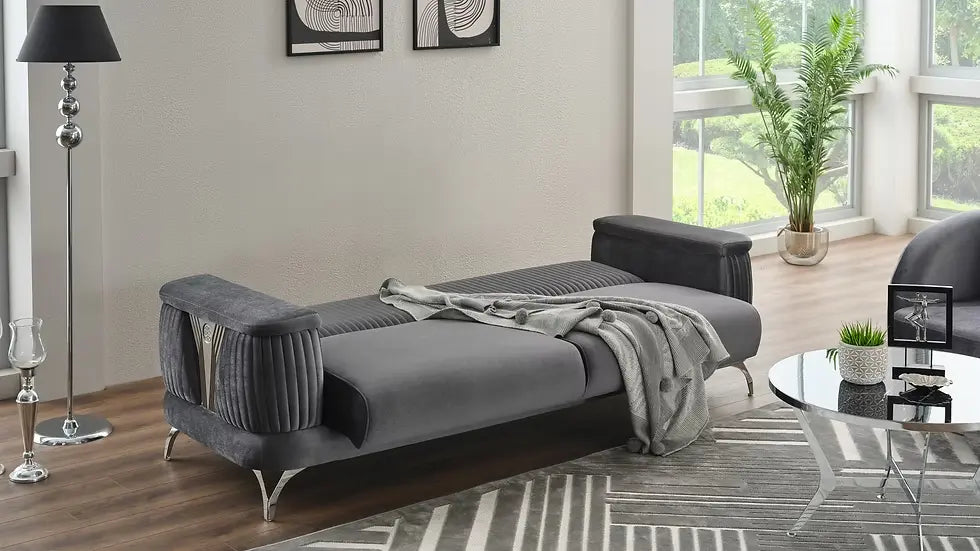 Sofa Lit Transformable Clic-Clac Loft Deluxe en Velours Beige et Gris Foncé