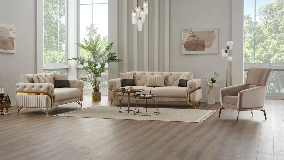 Ensemble de Sofa 3 Pièces Transformable en Lit Marbella Deluxe en Velours Beige et Gris Foncé