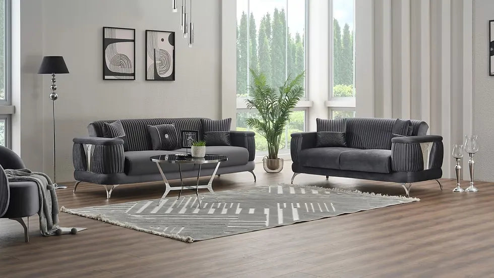 Ensemble de Sofa 3 Pièces Transformable en Lit Loft Deluxe en Velours Gris Foncé