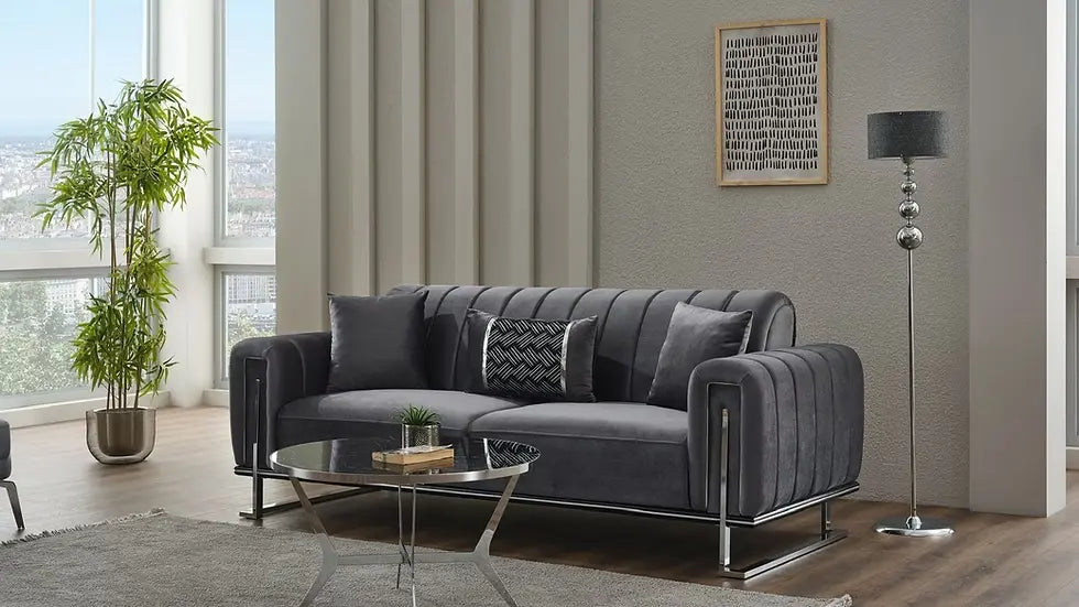Ensemble de Sofa 3 Pièces Mondo à Lignes Verticales en Velours avec Pieds en Métal