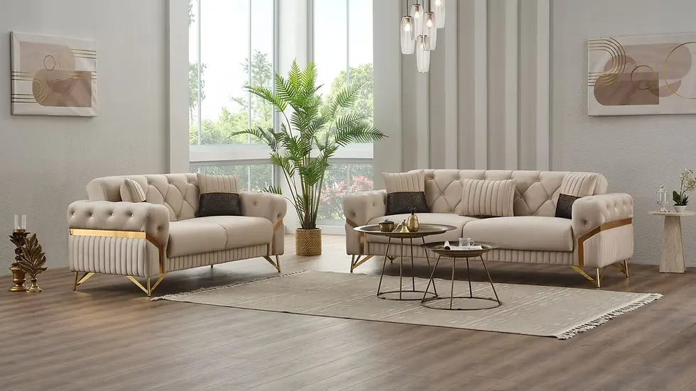 Ensemble de Sofa 3 Pièces Transformable en Lit Marbella Deluxe en Velours Beige et Gris Foncé