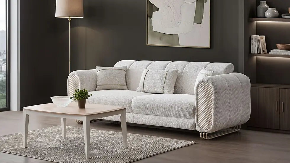 Ensemble Sofa Classique 3 Pièces Alfa en Tissu Beige et Finition Marbre