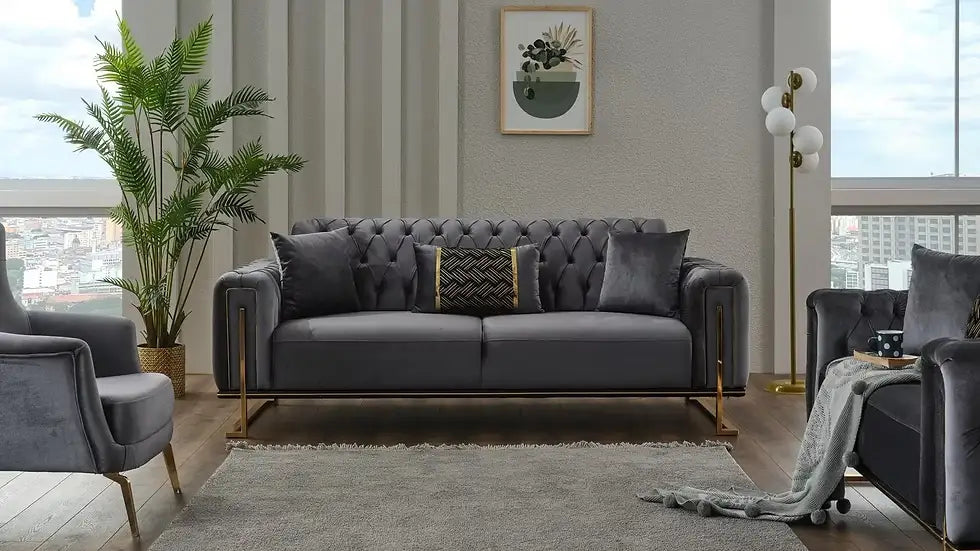 Ensemble de Sofa 3 Pièces Mondo Capitonné en Velours avec Pieds en Métal