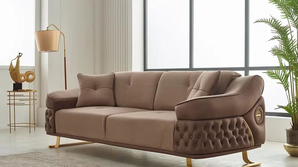 Sofa Confortable 3 Places Saiss en Tissu Beige et Pieds Dorés