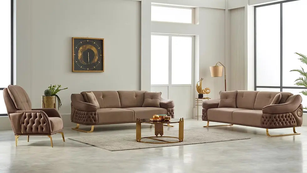 Causeuse Confort 2 Places Saiss en Tissu Beige et Pieds Dorés