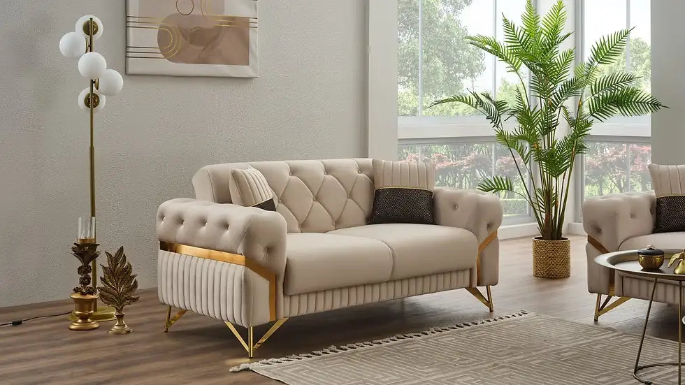 Ensemble de Sofa 3 Pièces Transformable en Lit Marbella Deluxe en Velours Beige et Gris Foncé