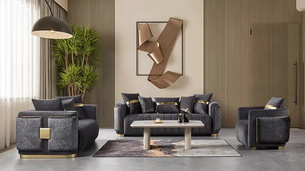 Ensemble Sofa Classique 3 Pièces Avanos Luxe en Tissu Beige