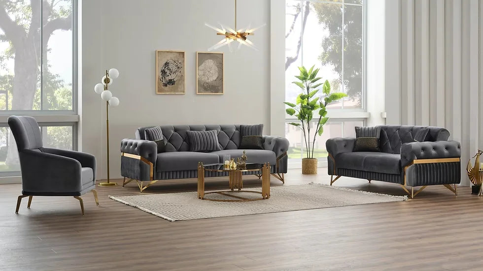 Ensemble de Sofa 3 Pièces Transformable en Lit Marbella Deluxe en Velours Beige et Gris Foncé