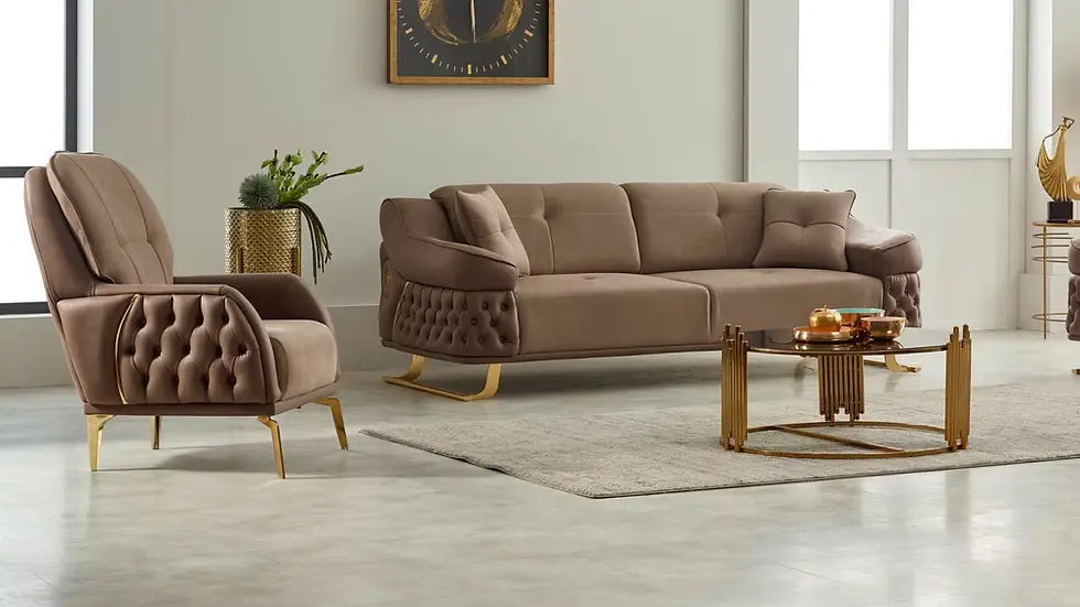 Ensemble Sofa Classique 3 Pièces Saiss en Tissu Beige et Pieds Dorés