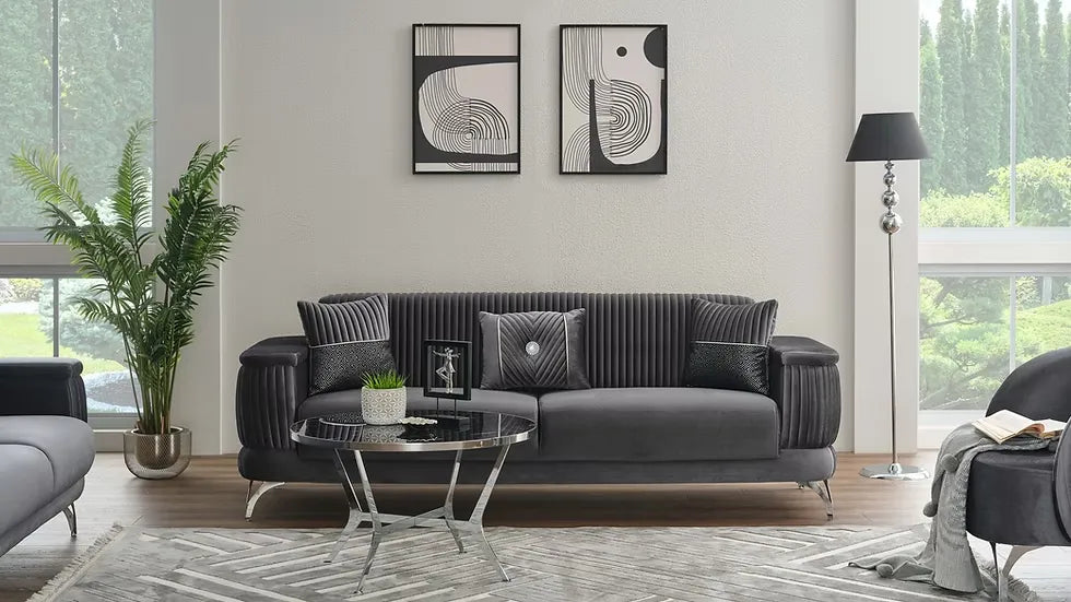 Ensemble de Sofa 3 Pièces Transformable en Lit Loft Deluxe en Velours Gris Foncé