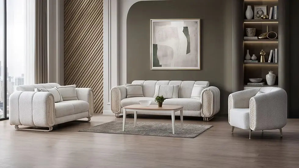 Ensemble Sofa Classique 3 Pièces Alfa en Tissu Beige et Finition Marbre