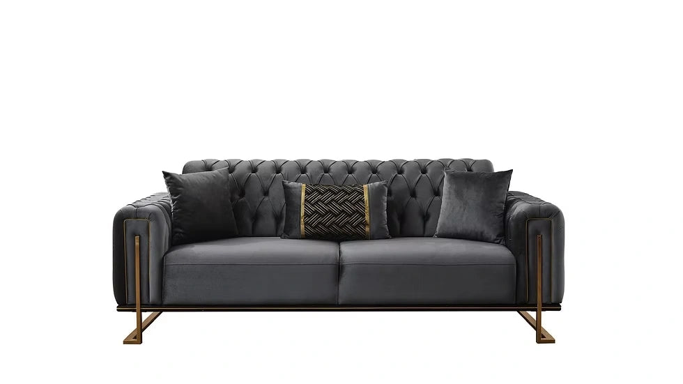 Ensemble de Sofa 3 Pièces Mondo Capitonné en Velours avec Pieds en Métal