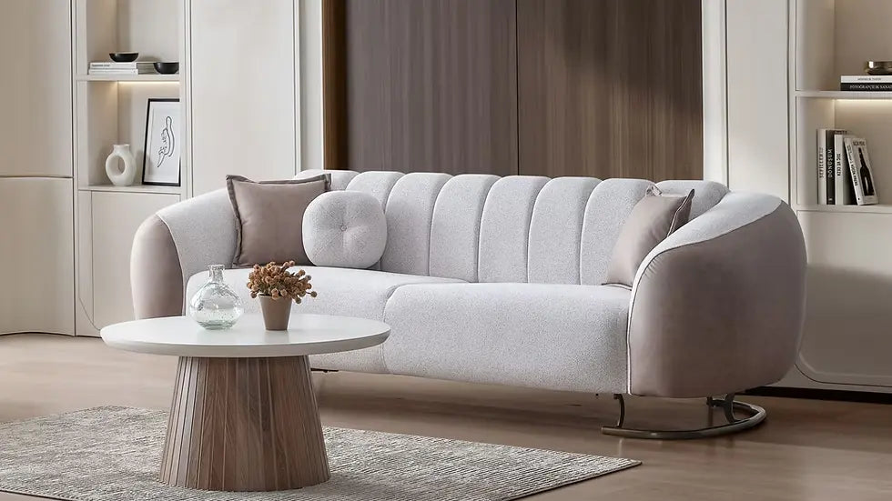 Sofa Confortable 3 Places Palmera en Tissu Beige et Pieds en Acier