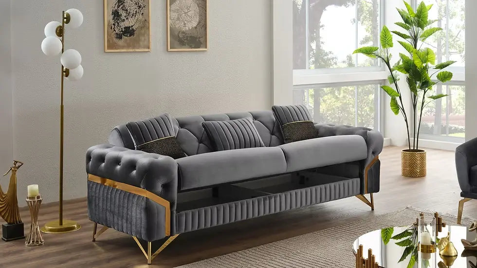 Ensemble de Sofa 3 Pièces Transformable en Lit Marbella Deluxe en Velours Beige et Gris Foncé