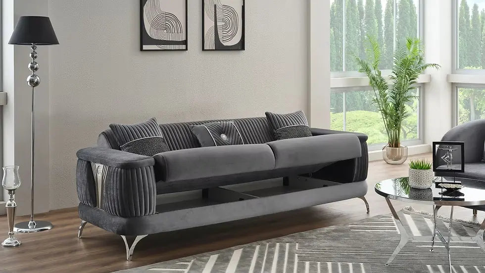 Ensemble de Sofa 3 Pièces Transformable en Lit Loft Deluxe en Velours Gris Foncé