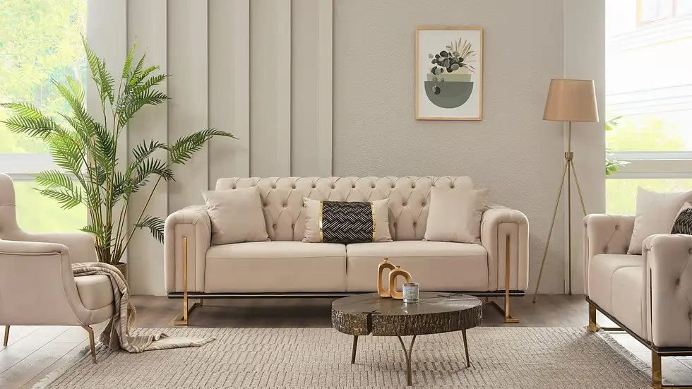 Ensemble de Sofa 3 Pièces Mondo Capitonné en Velours avec Pieds en Métal