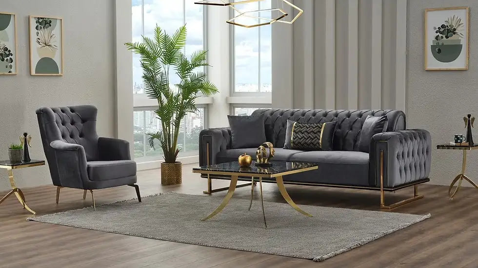 Ensemble de Sofa 3 Pièces Mondo Capitonné en Velours avec Pieds en Métal