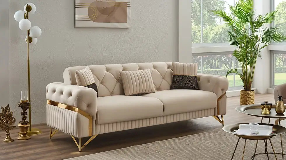 Sofa Lit Transformable Clic-Clac Marbella Deluxe en Velours Gris Foncé/Argent et Beige/Or