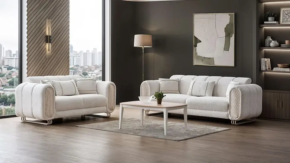 Ensemble Sofa Classique 3 Pièces Alfa en Tissu Beige et Finition Marbre