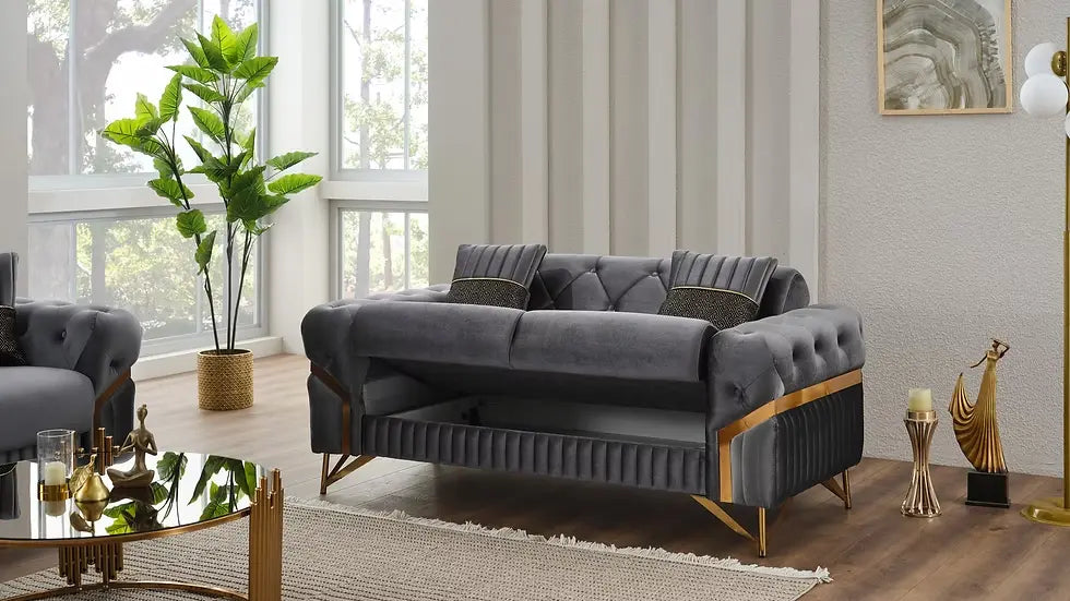 Ensemble de Sofa 3 Pièces Transformable en Lit Marbella Deluxe en Velours Beige et Gris Foncé