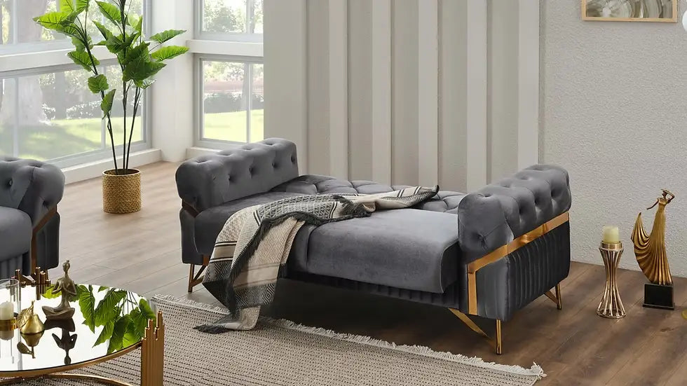 Ensemble de Sofa 3 Pièces Transformable en Lit Marbella Deluxe en Velours Beige et Gris Foncé
