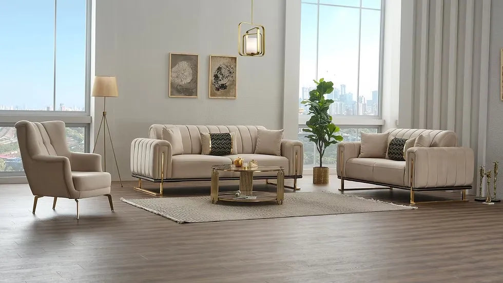 Ensemble de Sofa 3 Pièces Mondo à Lignes Verticales en Velours avec Pieds en Métal