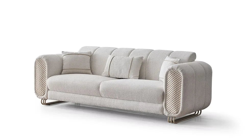 Ensemble Sofa Classique 3 Pièces Alfa en Tissu Beige et Finition Marbre