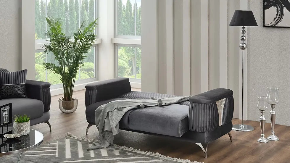 Causeuse Lit Transformable Clic-Clac Loft Deluxe en Velours Beige et Gris Foncé
