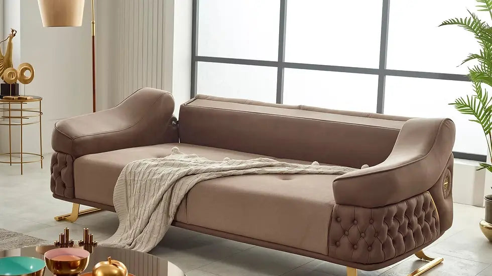 Sofa Confortable 3 Places Saiss en Tissu Beige et Pieds Dorés
