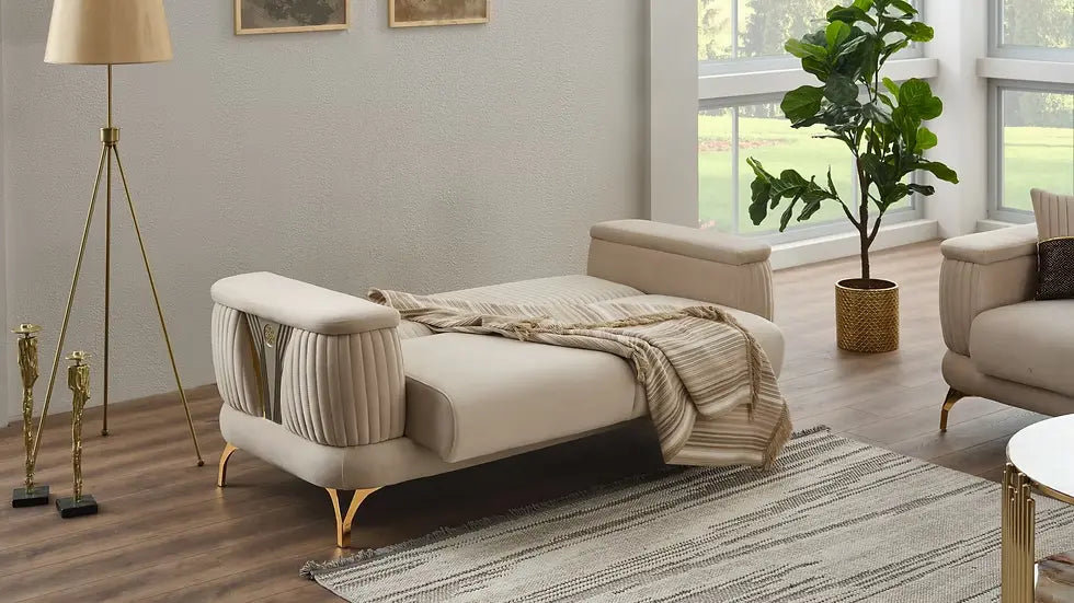 Causeuse Lit Transformable Clic-Clac Loft Deluxe en Velours Beige et Gris Foncé