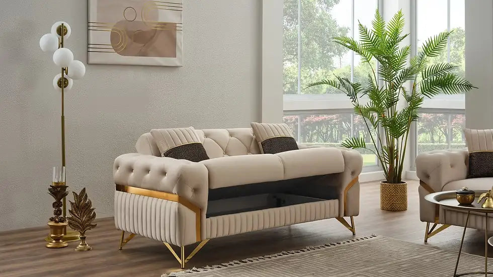 Causeuse Lit Transformable Clic-Clac Marbella Deluxe en Velours Gris Foncé et Beige