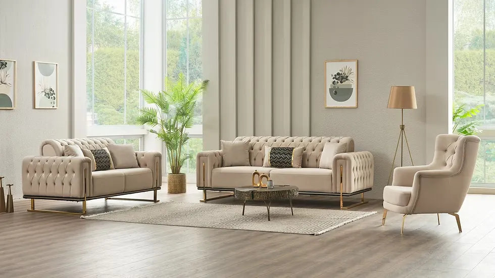 Ensemble de Sofa 3 Pièces Mondo Capitonné en Velours avec Pieds en Métal