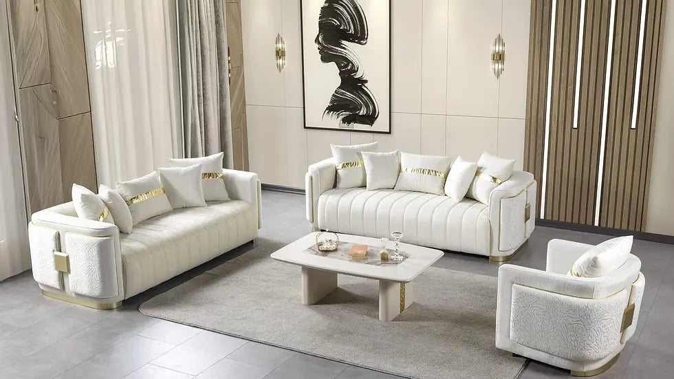 Ensemble Sofa Classique 3 Pièces Avanos Luxe en Tissu Beige