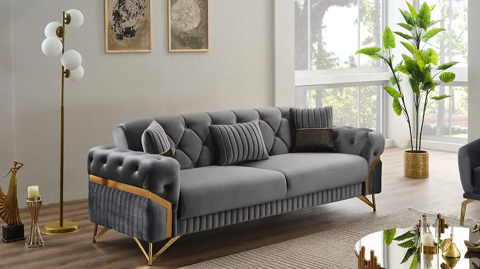 Ensemble de Sofa 3 Pièces Transformable en Lit Marbella Deluxe en Velours Beige et Gris Foncé
