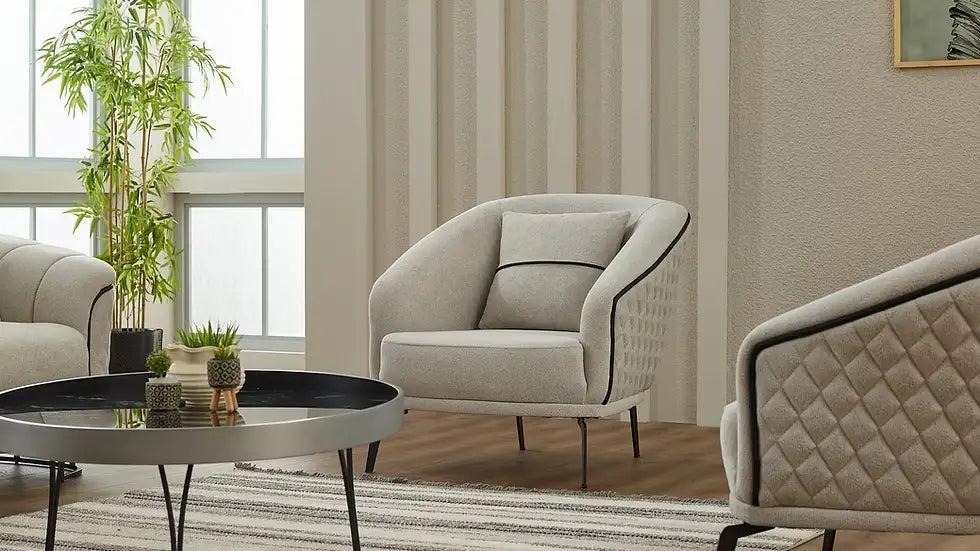 Ensemble de Sofa 3 Pièces Victoria en Tissu Gris et Noir avec Pieds en Acier