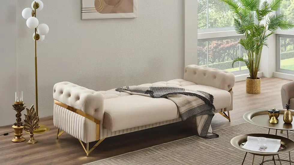 Sofa Lit Transformable Clic-Clac Marbella Deluxe en Velours Gris Foncé/Argent et Beige/Or