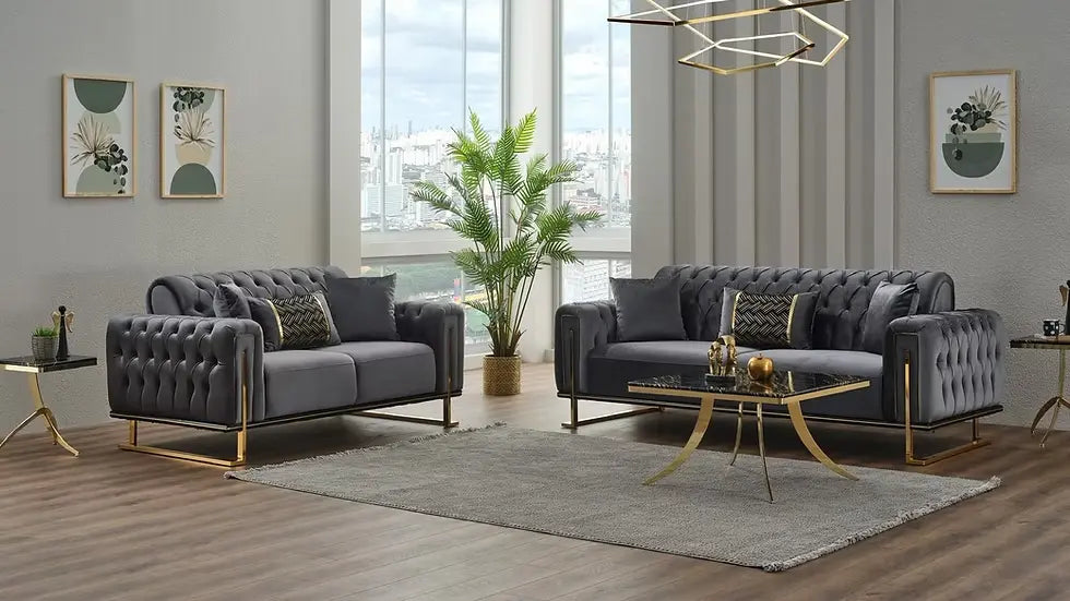 Ensemble de Sofa 3 Pièces Mondo Capitonné en Velours avec Pieds en Métal