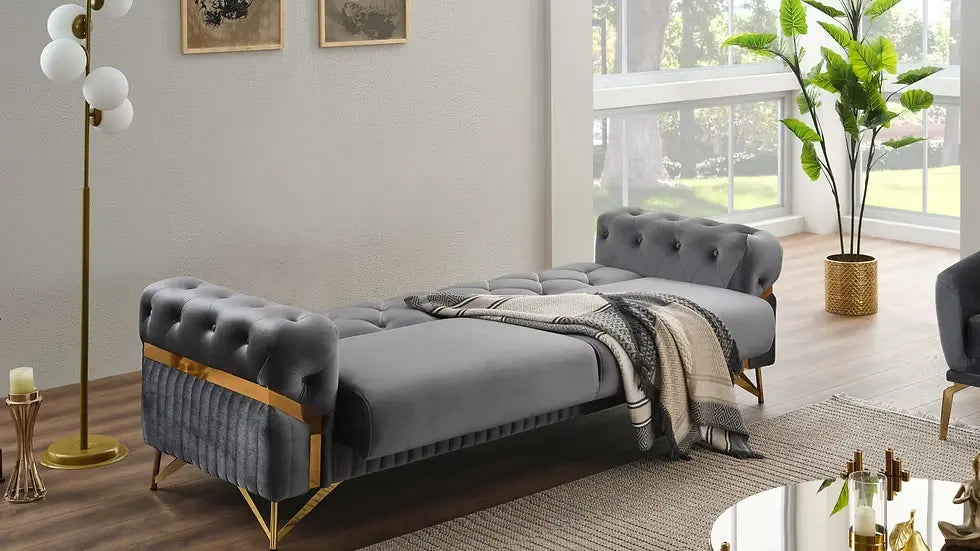 Ensemble de Sofa 3 Pièces Transformable en Lit Marbella Deluxe en Velours Beige et Gris Foncé