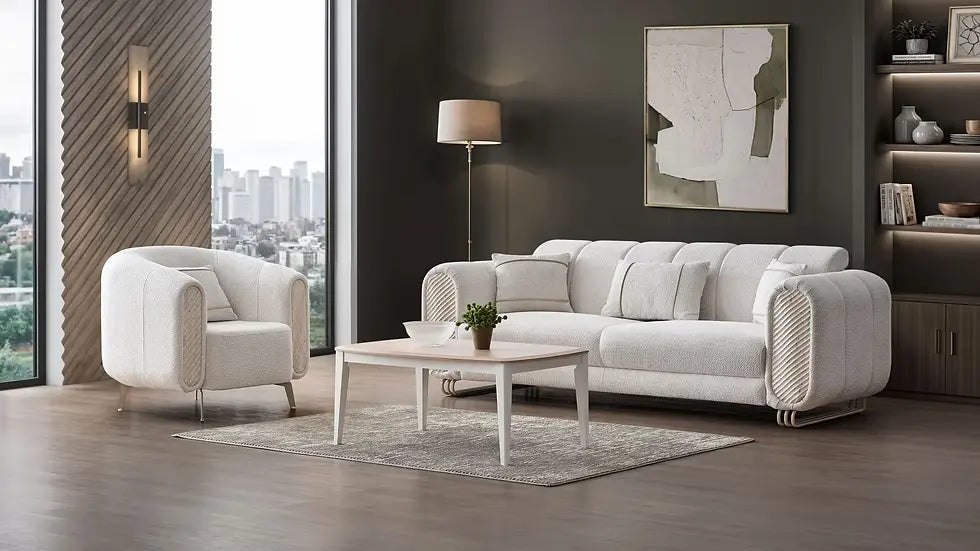 Fauteuil d'Appoint Alfa en Tissu Beige et Finition Marbre